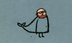 a crudely drawn whale with the face of a ginger bearded man with glasses 