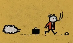 a man dropping his suitcase and heading off with a cigarette. A cloud in the background 