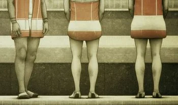 some people showing their legs in red and white bathing costumes