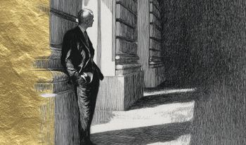 a banker looking along a street with an air of menace 
