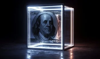 a dollar in a glass box 
