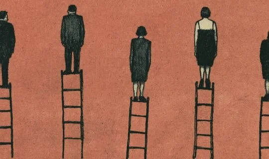 some people on ladders, one is wearing a dress