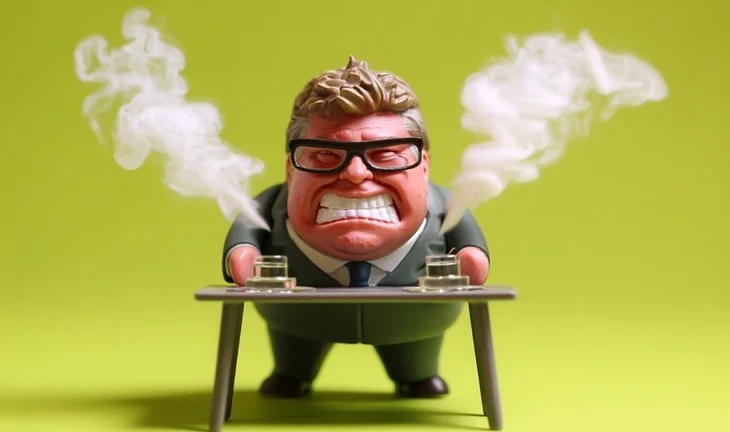 a small angry man with steaming water