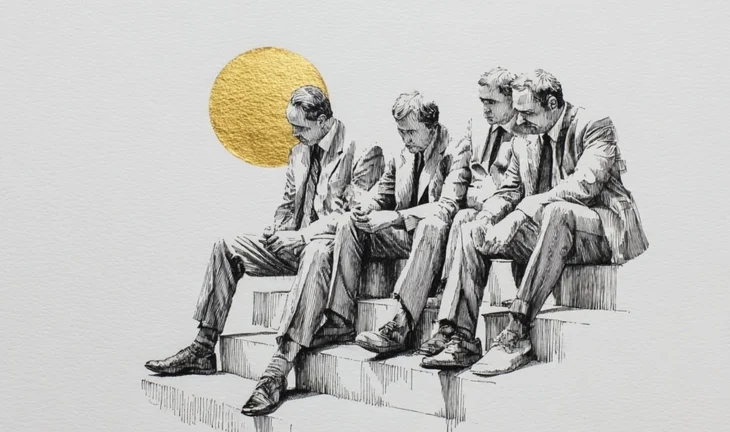 bankers sitting on a step with a golden sun 