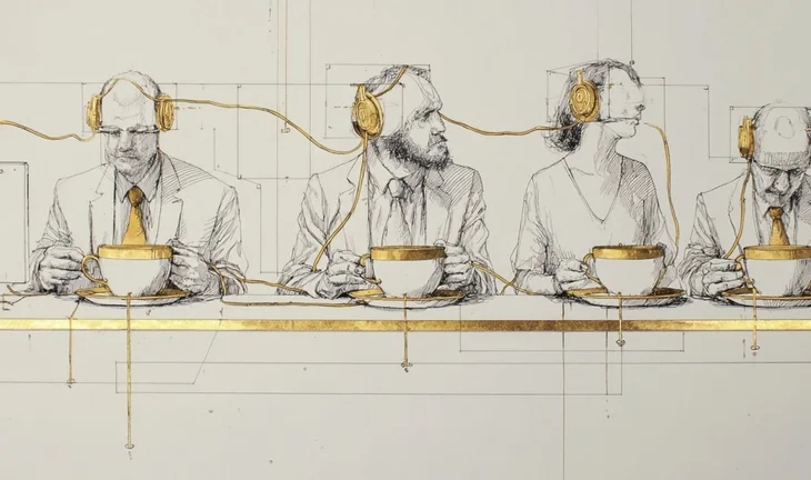 row of people in gold headphones 