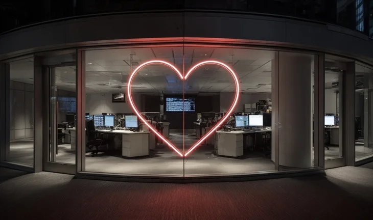 a love heart in a darkened modern office 