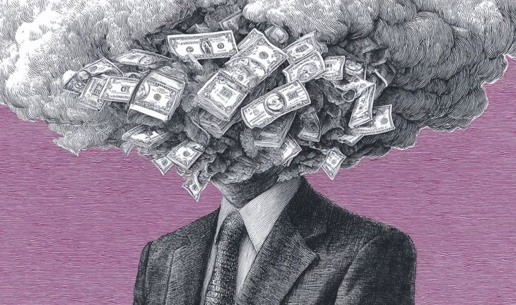 pen and ink drawing of a man with his head in a cloud of money
