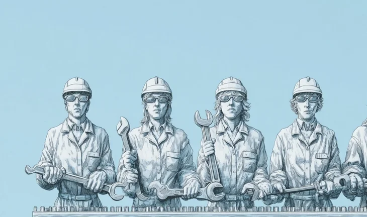 Some people in hard hats holding spanners