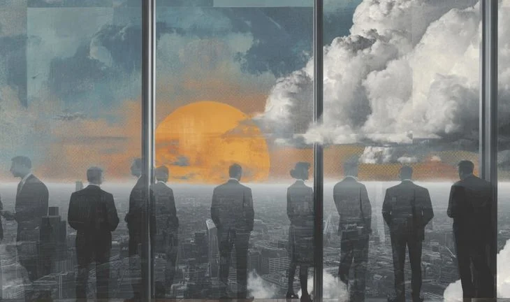 some junior bankers looking out the window 