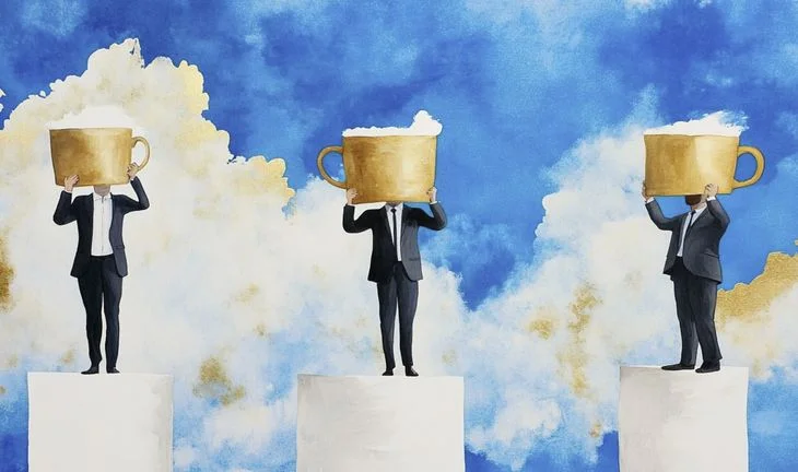 three men in suits on pedestals in the sky carrying large cups of coffee 