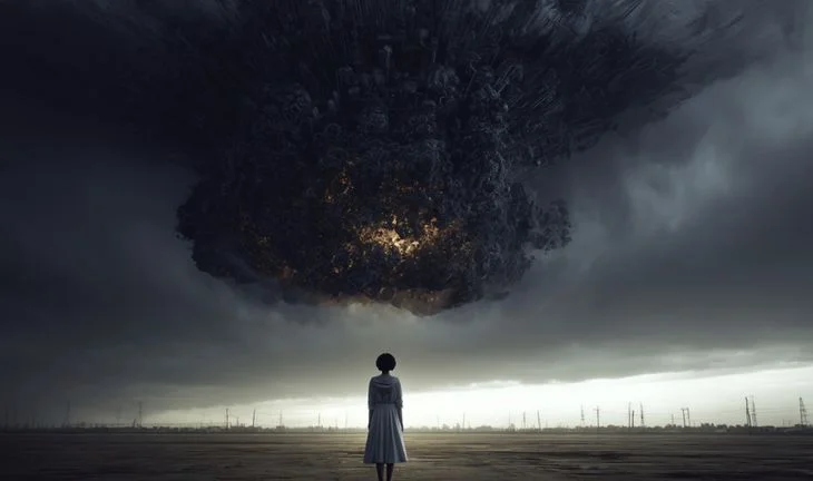 a woman standing in a bleak land beneath an explosion