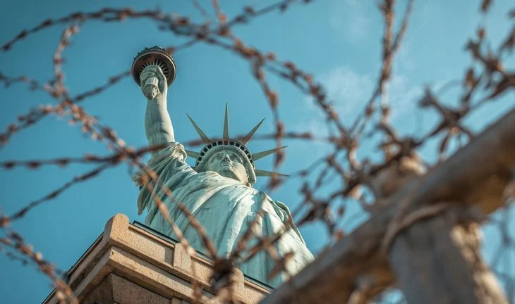 Statue of Liberty behind barbed wire