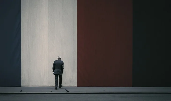 a man walking towards a flag