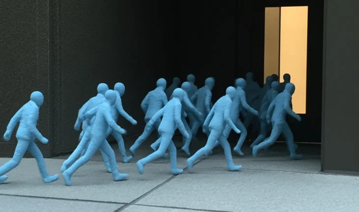 blue men running out a dar