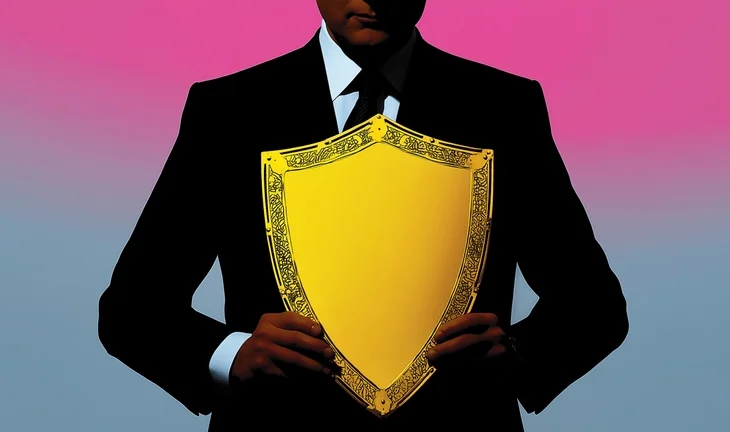 Banker holding a shield