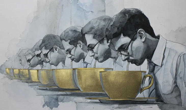 Indian men looking into golden cups 