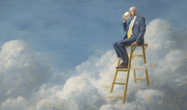 a man in a ladder in the clouds drinking coffee 