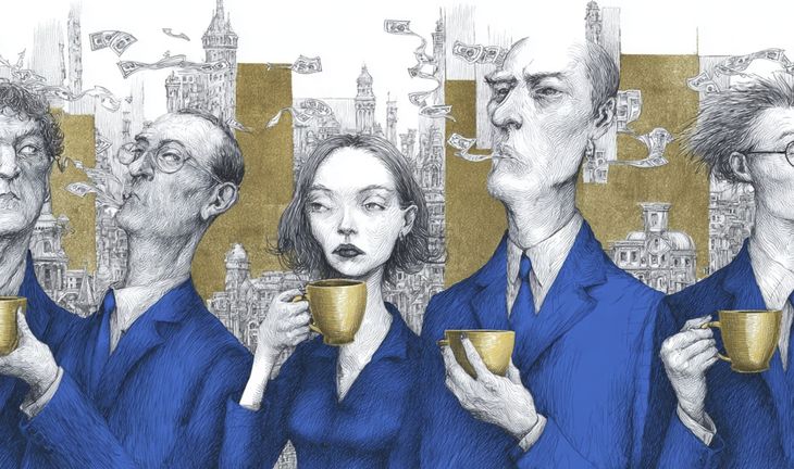 people in blue suits holding gold cups