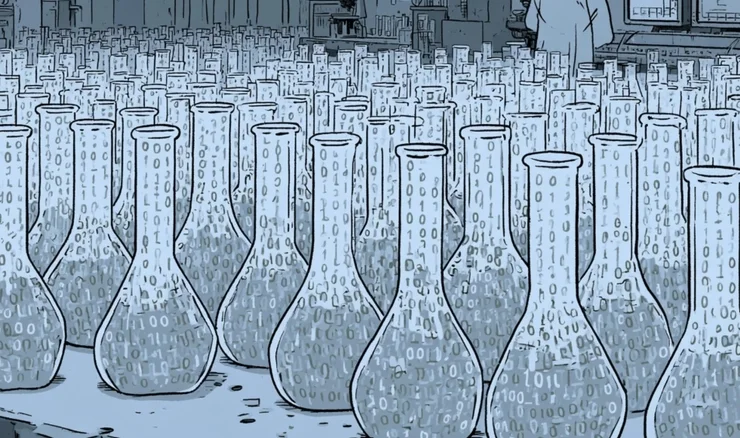 a lab full of test tubes with binary code